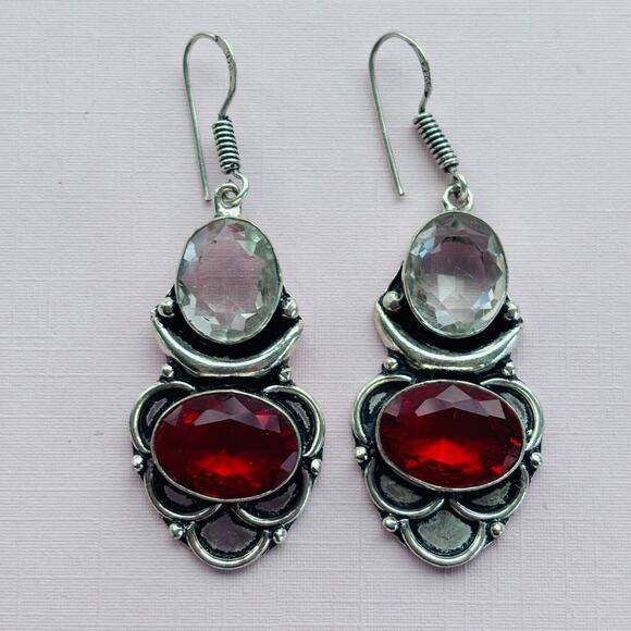 925 Sterling Garnet & White Topaz Dangle Earrings - Picture 1 of 6